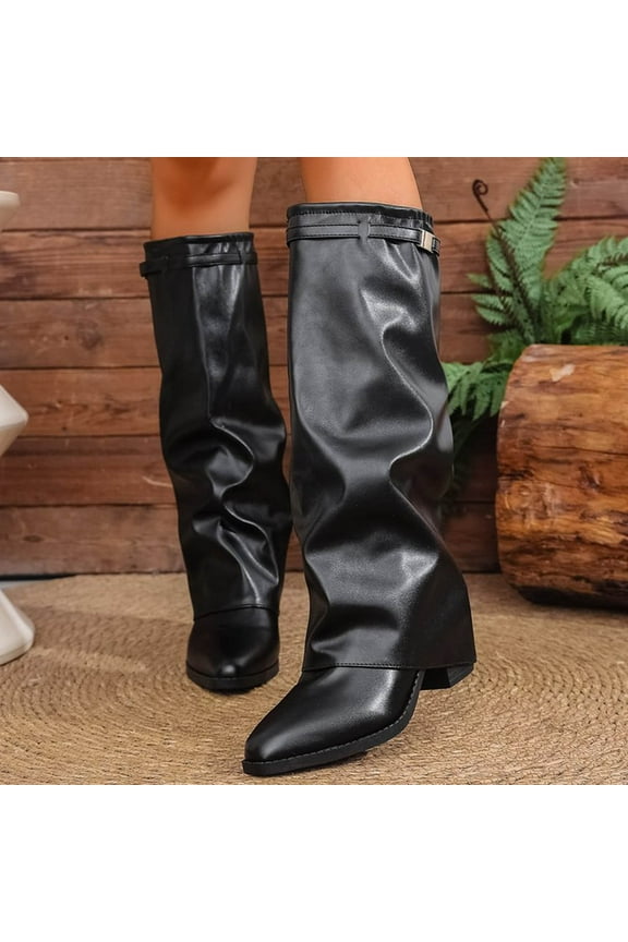 Fold Over Shark Boots for Women Snip Toe Chunky Heel Wide Calf Cowboy Boot Pull On Classic Fashion Party Dress Booties Black 39