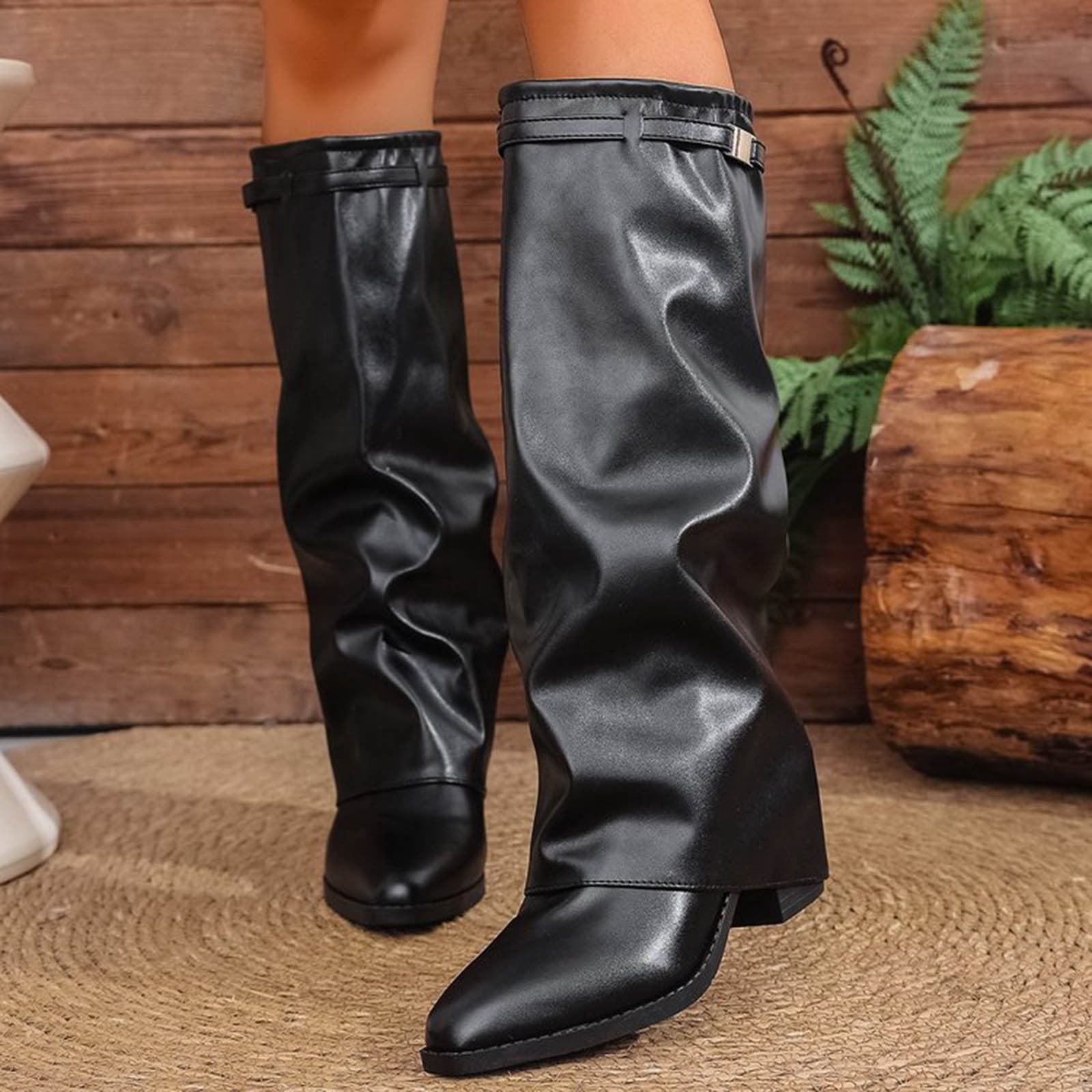 BLTIBY Fold Over Shark Boots for Women Snip Toe Chunky Heel Wide Calf Cowboy Boot Pull On Classic Fashion Party Dress Booties Black 42