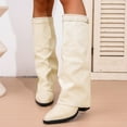 thumbnail image 1 of BLTIBY Fold Over Shark Boots for Women Snip Toe Chunky Heel Wide Calf Flock Boot Pull On Classic Fashion Party Dress Booties Beige 36, 1 of 9