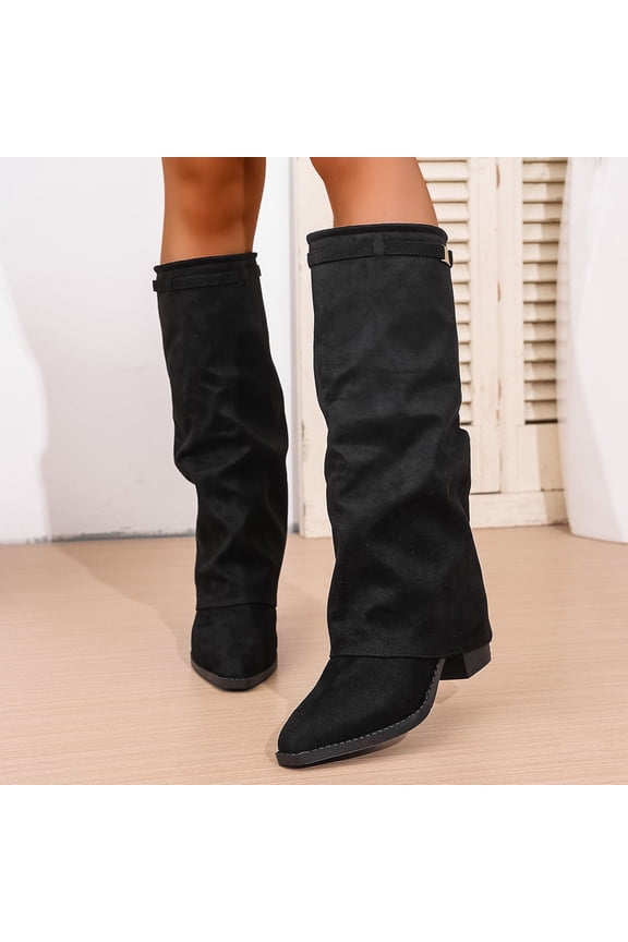 Fold Over Shark Boots for Women Snip Toe Chunky Heel Wide Calf Flock Boot Pull On Classic Fashion Party Dress Booties Black 42
