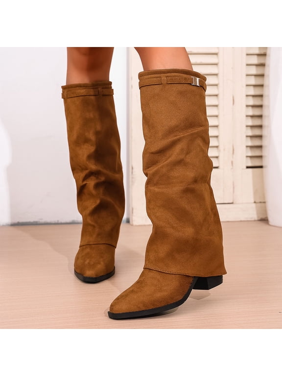 Fold Over Shark Boots for Women Snip Toe Chunky Heel Wide Calf Flock Boot Pull On Classic Fashion Party Dress Booties Brown 42