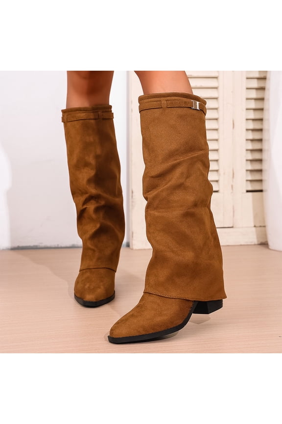 Fold Over Shark Boots for Women Snip Toe Chunky Heel Wide Calf Flock Boot Pull On Classic Fashion Party Dress Booties Brown 43