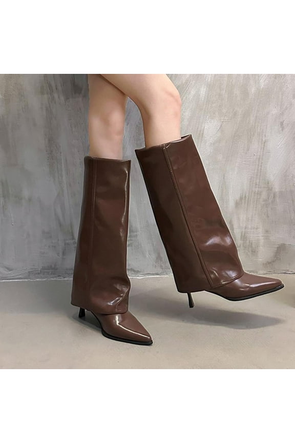 Fold Over Shark Boots for Women Snip Toe Stiletto-heeled Boot Pull On Classic Fashion Party Dress Booties Brown 42