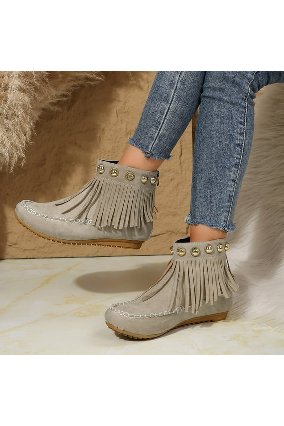 Fringe Ankle Boots for Women Wide Width Rivets Western Suede Booties Flat Winter Warm Round Toe Boot Beige 37