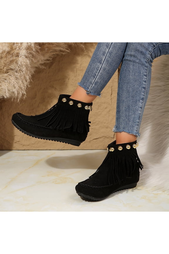 Fringe Ankle Boots for Women Wide Width Rivets Western Suede Booties Flat Winter Warm Round Toe Boot Black 41