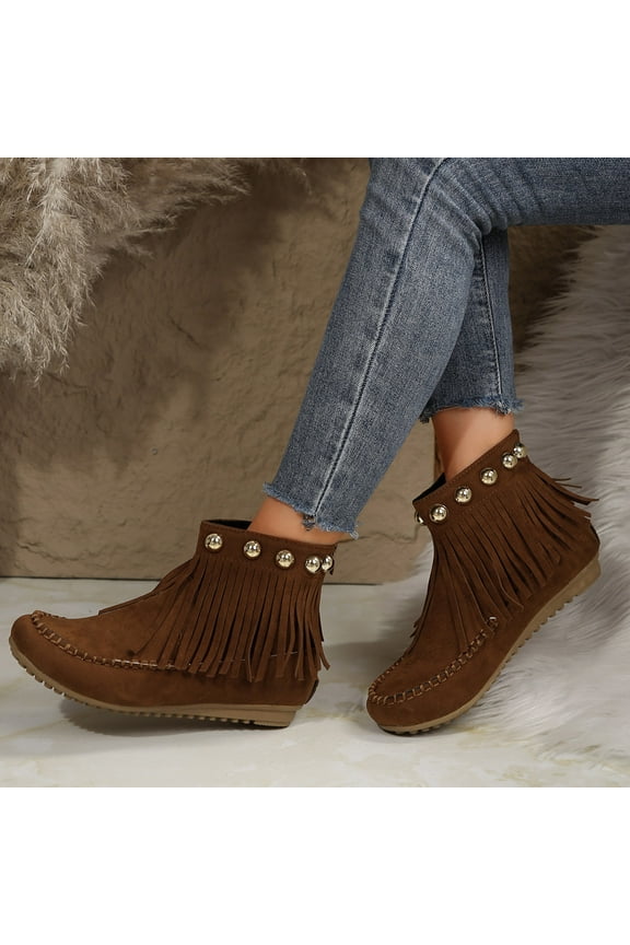 Fringe Ankle Boots for Women Wide Width Rivets Western Suede Booties Flat Winter Warm Round Toe Boot Brown 36