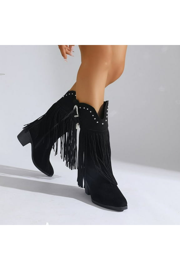 Fringe Flock Boots for Women Mid Calf Cowgirl Boot Pointed Toe Chunky Heel Western Cowboy Booties Side Zip Black 42