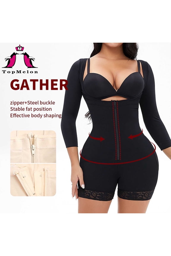 Full Body Waist Trainer for Women Zipper Tummy Control Bodysuit Upper Arm Shaper Open Bust Slimmer Corset Shapewear Black XL