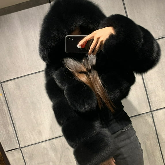 BLTIBY Fur Coat for Women Hooded,Short Faux Furry Cropped Fluffy Jacket Open Front Coats Shaggy Warm Fall Winter Elegant Comfy Long Sleeve Outerwear Black M