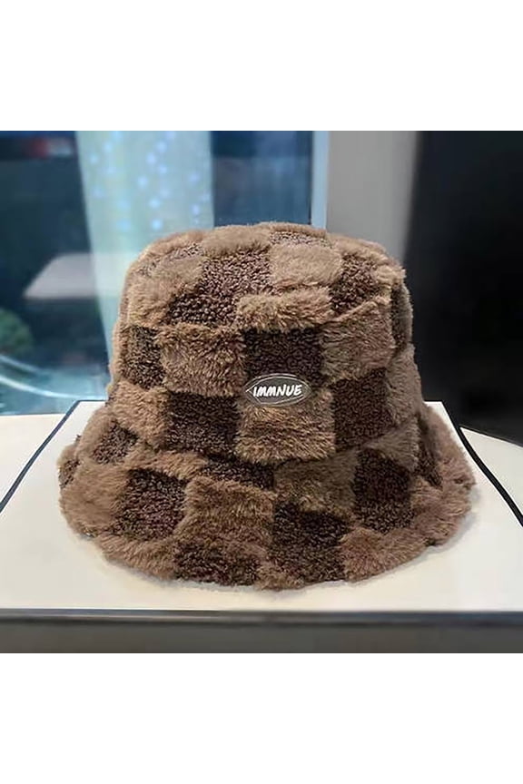 Fuzzy Bucket Hat for Women Furry Fur Fleece Plaid Printed Bucket Hat Winter Warm Plush Fisherman Fluffy Sherpa Bucket Hats Coffee One Size
