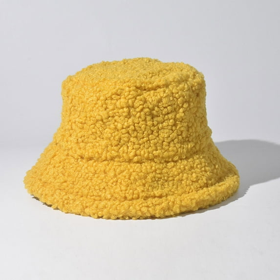 BLTIBY Fuzzy Bucket Hat for Women Furry Fur Fleece Solid Color Hat Winter Warm Plush Fisherman Bucket Hats Yellow L