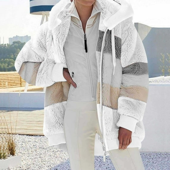 BLTIBY Fuzzy Fleece Jacket for Women Plus Size Warm Winter Coats Fluffy Sherpa Hoodie Zip up Drawstring Casual Color Block Patchwork Cardigan Sweater Outerwear with Pockets White S
