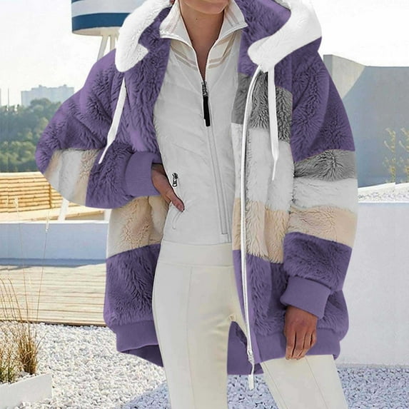 BLTIBY Fuzzy Fleece Jacket for Women Plus Size Warm Winter Coats Fluffy Sherpa Hoodie Zip up Drawstring Casual Color Block Patchwork Cardigan Sweater Outerwear with Pockets Purple 3XL