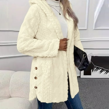 BLTIBY Fuzzy Fleece Jacket for Women Hoodies Fall Winter Sherpa Coat Open Front Plush Long Sleeve Cardigan with Pockets Beige L
