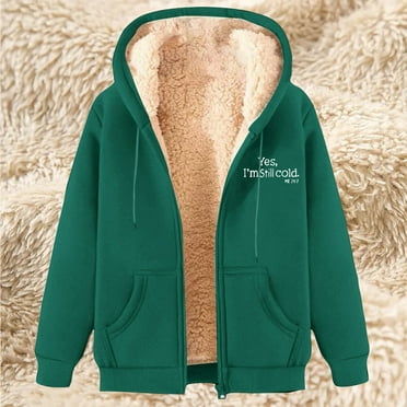 BLTIBY Fuzzy Fleece Jacket for Women Hoodies Winter Fall Printed Sherpa Coat Zip Drawstring Plush Long Sleeve Cardigan with Pockets Army Green L