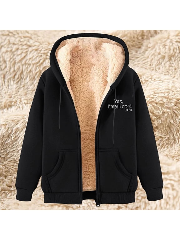 Fuzzy Fleece Jacket for Women Hoodies Winter Fall Printed Sherpa Coat Zip Drawstring Plush Long Sleeve Cardigan with Pockets Black L