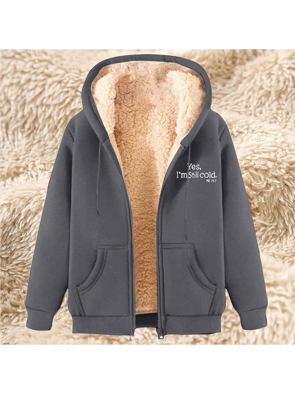 Fuzzy Fleece Jacket for Women Hoodies Winter Fall Printed Sherpa Coat Zip Drawstring Plush Long Sleeve Cardigan with Pockets Dark Gray XXL