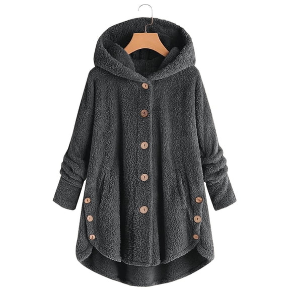 BLTIBY Fuzzy Fleece Jacket for Women Winter Fall Sherpa Hooded Coat Plus Size Button Plush Long Sleeve Cardigan with Pockets Gray 3XL