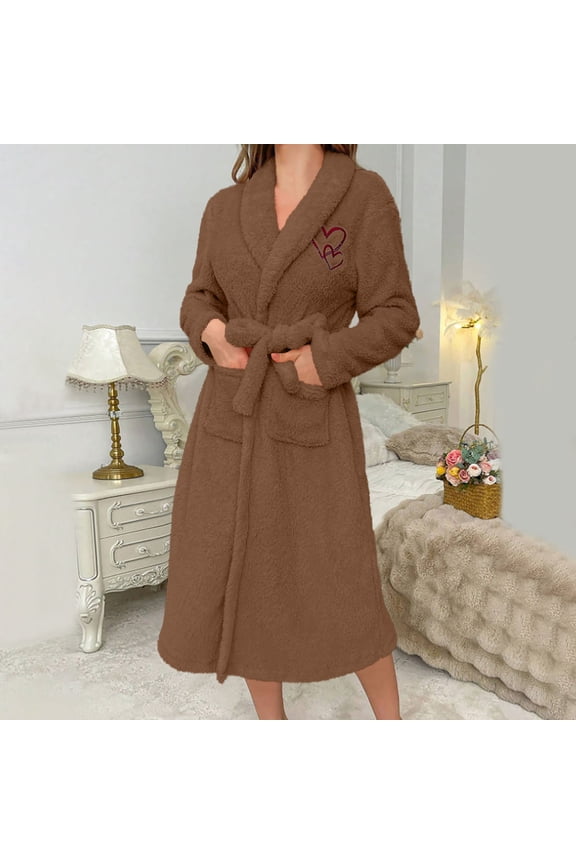 Fuzzy Robes for Women Soft Cozy Long Plush Robe Heart Fluffy Warm Bathrobes with Pockets and Belt Comfortable Loungewear Brown S