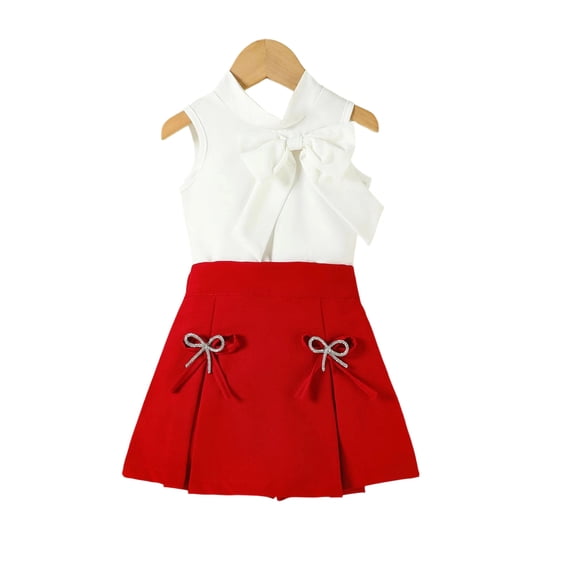 BLTIBY Girls 2 Piece Outfits Summer Stand Collar Sleeveless Bow Tank Shirts and Bow Pleated Skirts Sets Red 5-6 Years