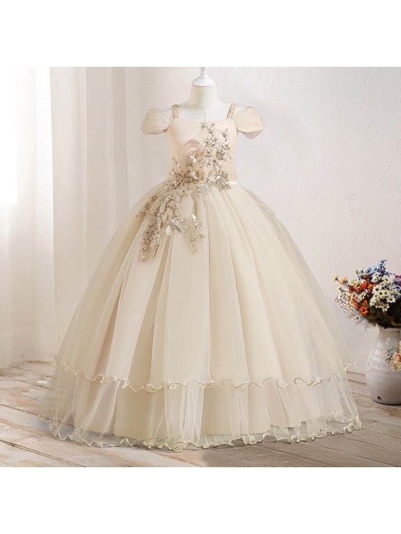 Girls Applique Prom Gowns Luxury Wedding Birthday Party Princess Long Dresses Mesh A-Lined Elegant Dress Beige 11-12Years