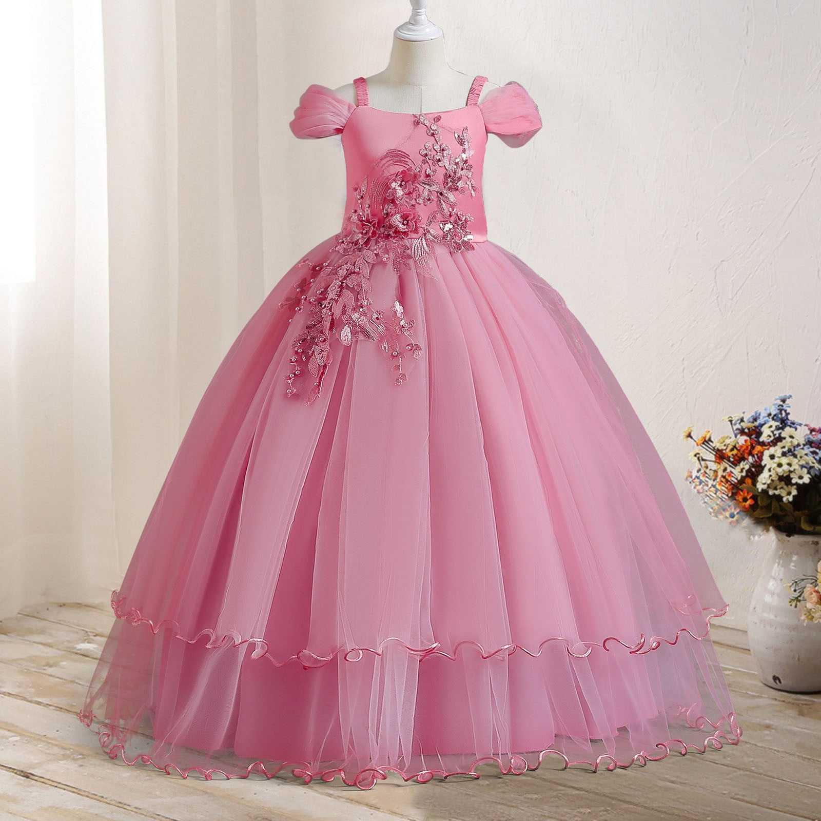 Bltiby Girls Applique Prom Gowns Luxury Wedding Birthday Party Princess Long Dresses Mesh A-Lined Elegant Dress Pink 9-10Years, Infant Girl's