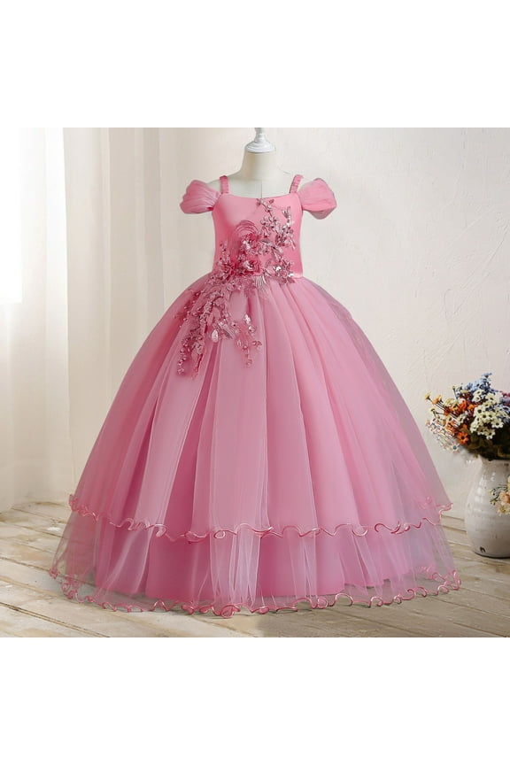 Girls Applique Prom Gowns Luxury Wedding Birthday Party Princess Long Dresses Mesh A-Lined Elegant Dress Pink 9-10Years