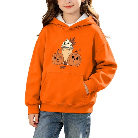 BLTIBY Girls Boys Halloween Hoodie Sweatshirts Casual Pullover Pumpkin Cute Graphic Fleece Tops Stylish for Casual Daily Wear with Pockets Orange 11-12 Years