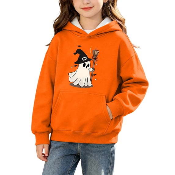 BLTIBY Girls Boys Halloween Hoodie Sweatshirts Casual Pullover Pumpkin Graphic Fleece Tops Stylish for Casual Daily Wear with Pockets Orange 10 5-6 Years