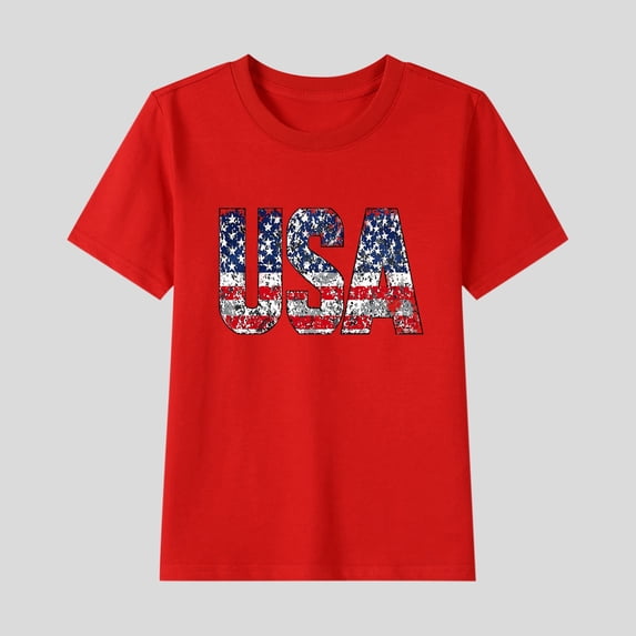 BLTIBY Girls Boys Summer Short Sleeve Top Child Kid Round Neck Independence Day Printed Cotton Shirts Infant Toddler Fashion Casual Loose Pullover Blouses Red 14-15 Years