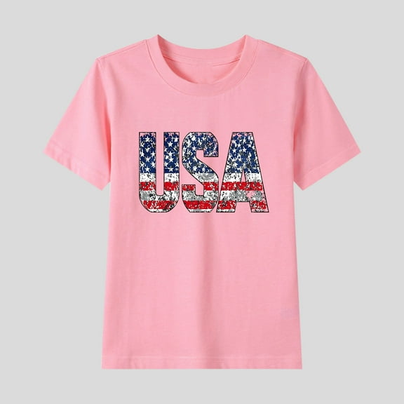 BLTIBY Girls Boys Summer Short Sleeve Top Child Kid Round Neck Independence Day Printed Cotton Shirts Infant Toddler Fashion Casual Loose Pullover Blouses Pink 9-10 Years