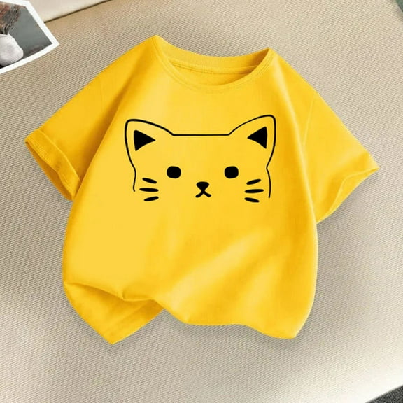 BLTIBY Girls Boys Summer Short Sleeve Top Child Kid Round Neck Printed Cotton Shirts Infant Toddler Fashion Casual Loose Pullover Blouses Yellow 10-12 Years