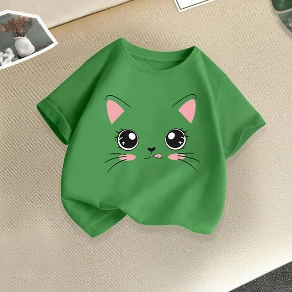 BLTIBY Girls Boys Summer Short Sleeve Top Child Kids Printed Round Neck Cotton Shirts Infant Toddler Fashion Casual Loose Pullover Blouse Green 8-10 Years