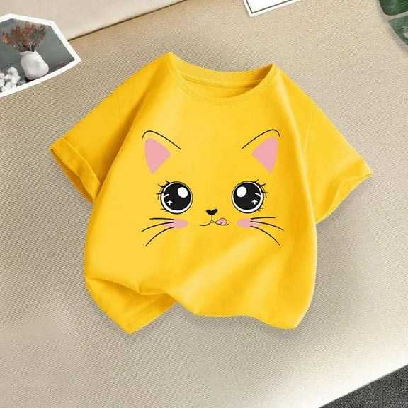 BLTIBY Girls Boys Summer Short Sleeve Top Child Kids Printed Round Neck Cotton Shirts Infant Toddler Fashion Casual Loose Pullover Blouse Yellow 2-4 Years