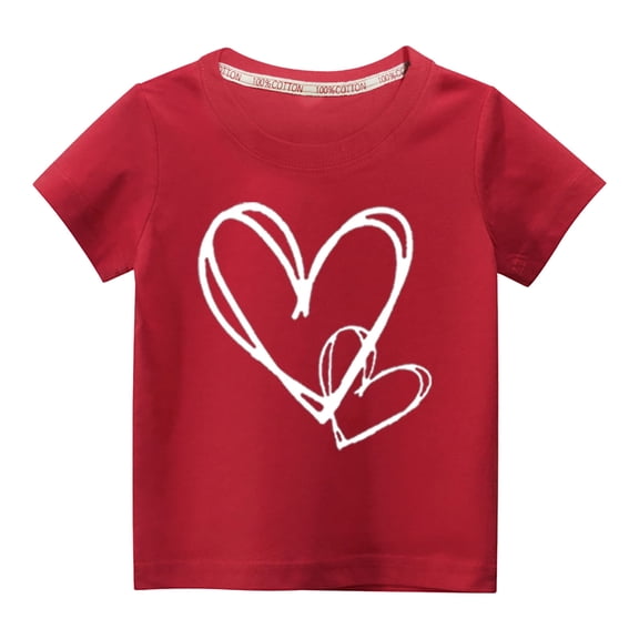 BLTIBY Girls Boys Summer Short Sleeve Top Child Kids Round Neck Heart Printed Cotton Shirts Toddler Infant Fashion Casual Loose Pullover Blouse Red 5-6 Years