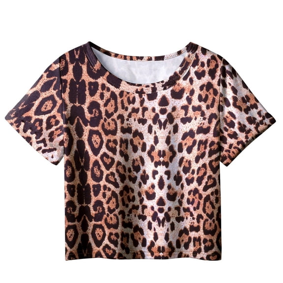 BLTIBY Girls Boys Summer Short Sleeve Top Child Kids Round Neck Leopard Printed Shirts Toddler Infant Casual Fashion Loose Pullover Blouse Brown 4-5 Years