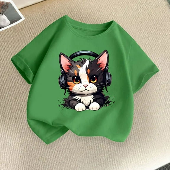BLTIBY Girls Boys Summer Short Sleeve Top Child Kids Round Neck Printed Cotton Shirts Infant Toddler Fashion Casual Loose Pullover Blouses 2025 Green 4-6 Years