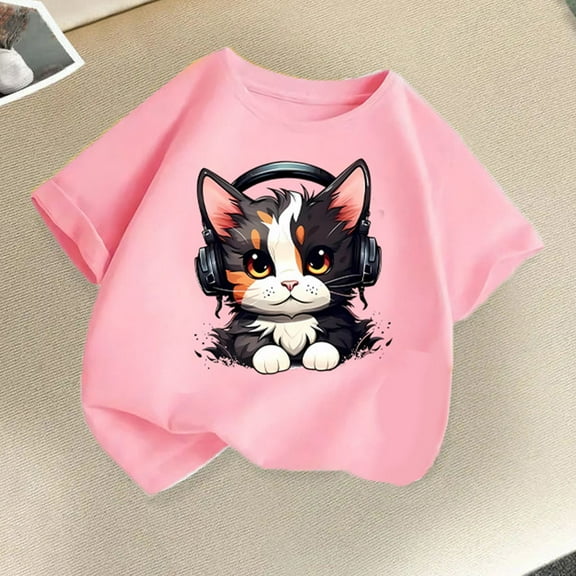 BLTIBY Girls Boys Summer Short Sleeve Top Child Kids Round Neck Printed Cotton Shirts Infant Toddler Fashion Casual Loose Pullover Blouses 2025 Pink 4-6 Years