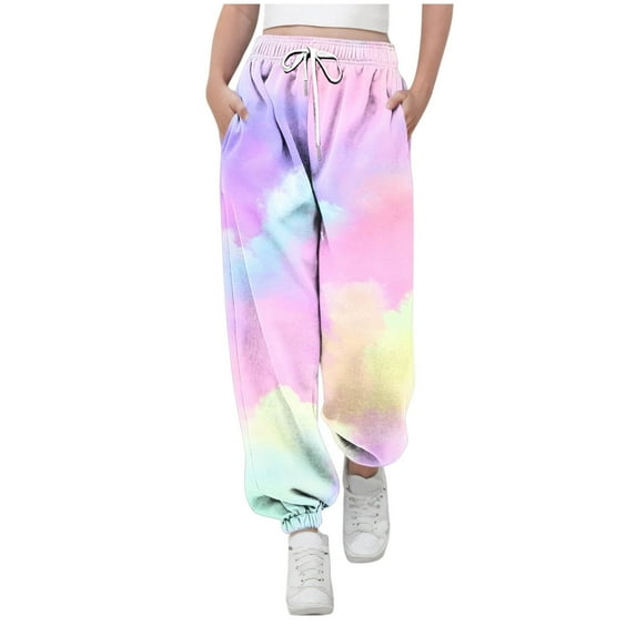 BLTIBY Girls Boys Sweatpants Tie-Dye Printed Elastic Waist Drawstring Cuffed Pants Toddler Fall Straight Leg Casual Fashion Joggers with Pockets Multicolor 7-8 Years