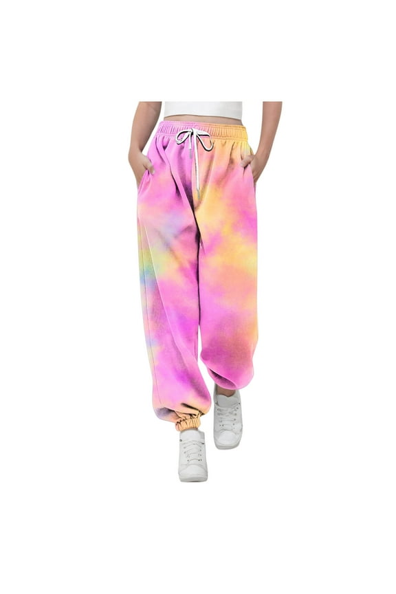 Girls Boys Sweatpants Tie-Dye Printed Elastic Waist Drawstring Cuffed Pants Toddler Fall Straight Leg Casual Fashion Joggers with Pockets Pink 7-8 Years