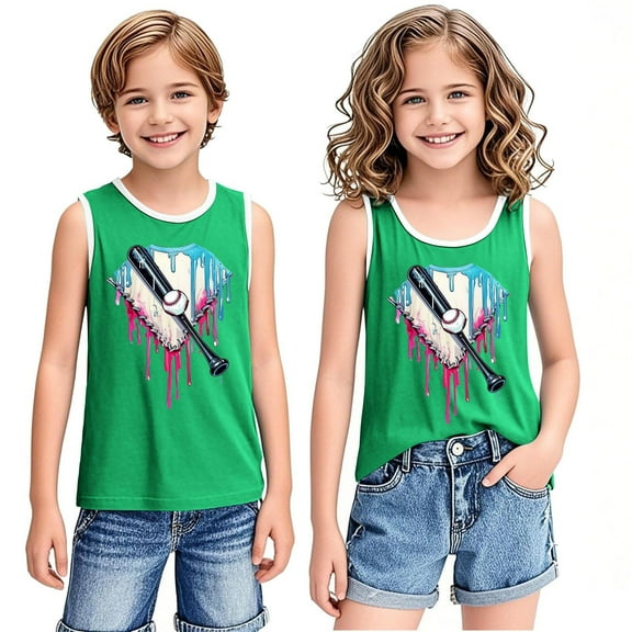 BLTIBY Girls Boys Tank Top Summer Sleeveless Funny T Shirt for Teen Infant Toddler Printed Round Neck Fashion Casual Blouse 2025 Green 4-5 Years