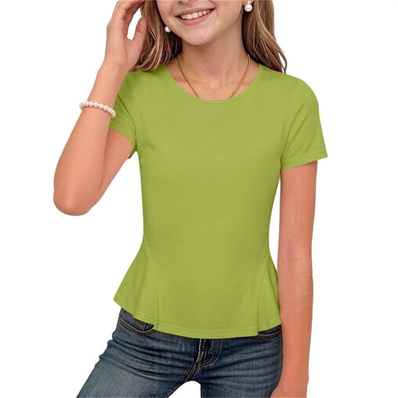 BLTIBY Girls Cap Sleeve Shirts Crew Neck Cute Summer Ruffle Hem Tops Loose Casual Short Sleeve Tees Soft Kids Clothes Green 5-6 Years