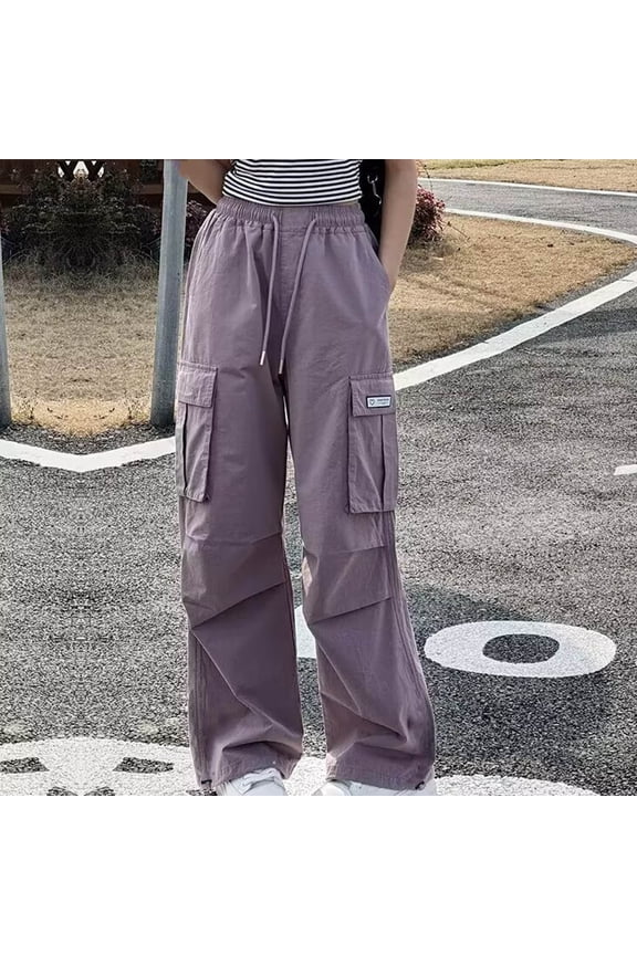 Girls Cargo Pants Fall Elastic Waist Drawstring Y2K Stretchy Loose Streetwear Hip Hop Dance Pants Trendy Parachute Jogger Trousers with Multiple Pockets Purple 5-6 Years