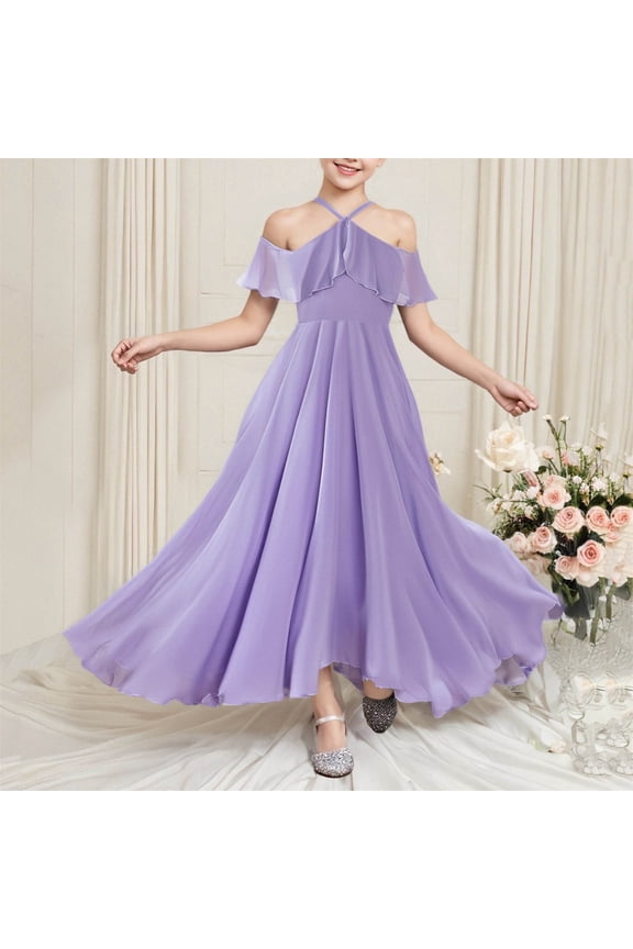 Girls Cold Shoulder Ruffle Dress Halter Flowy Flower Birthday Party Wedding Bridesmaid Prom Gowns Purple 8-9 Years