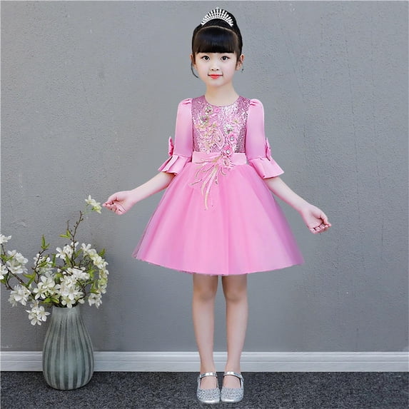 BLTIBY Girls Embroidered Tulle Pageant Dresses Half Sleeve Round Neck A-Line Formal Wedding Party Tutu Dress Birthday Prom Gowns Pink 11-12 Years