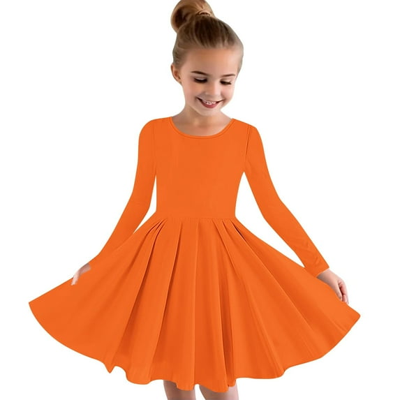 BLTIBY Girls Everyday Dress Long Sleeve Round Neck Toddler Fall Spring A-Line Flowy Swing Pleated Dresses Orange 2 7-8 Years