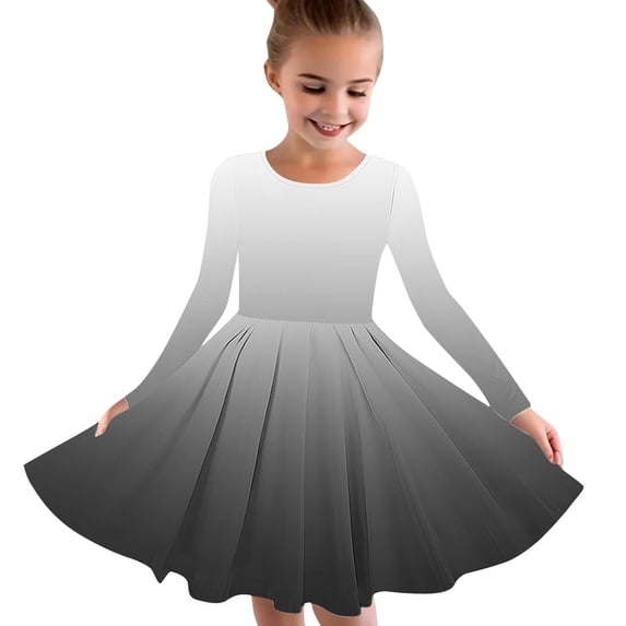BLTIBY Girls Everyday Dress Long Sleeve Round Neck Toddler Gradient Fall Spring A-Line Flowy Swing Pleated Dresses Black 4-5 Years