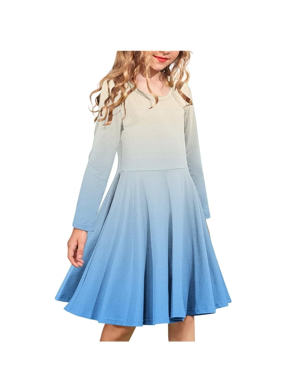 Girls Everyday Dress Long Sleeve Round Neck Toddler Gradient Spring Fall A-Line Flowy Swing Pleated Dresses Blue 9-10 Years