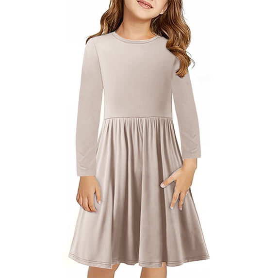 BLTIBY Girls Everyday Dress Long Sleeve Round Neck Toddler Solid Color Fall Spring A-Line Flowy Swing Pleated Dresses Khaki 11-12 Years