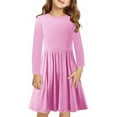 thumbnail image 1 of BLTIBY Girls Everyday Dress Long Sleeve Round Neck Toddler Solid Color Fall Spring A-Line Flowy Swing Pleated Dresses Pink 9-10 Years, 1 of 9